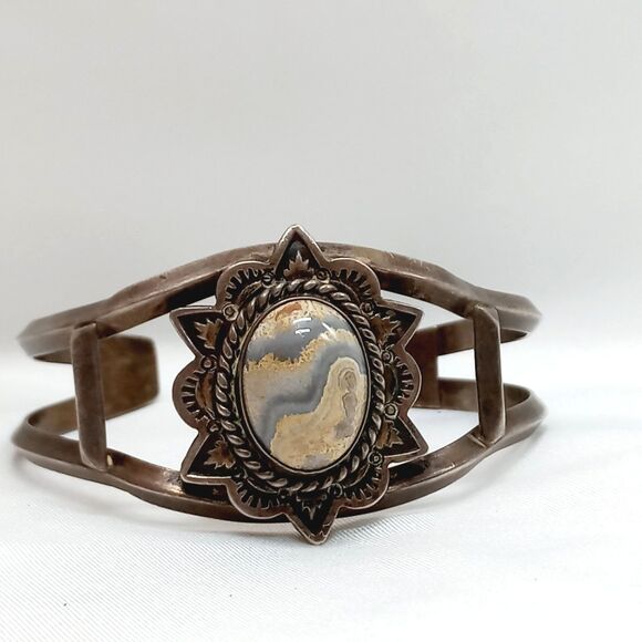 Navajo Sterling Silver Jasper Stone Bracelet SIGNED - Picture 2 of 10